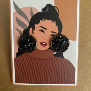 Black Druzy style resin cabochon circular earrings. Handmade